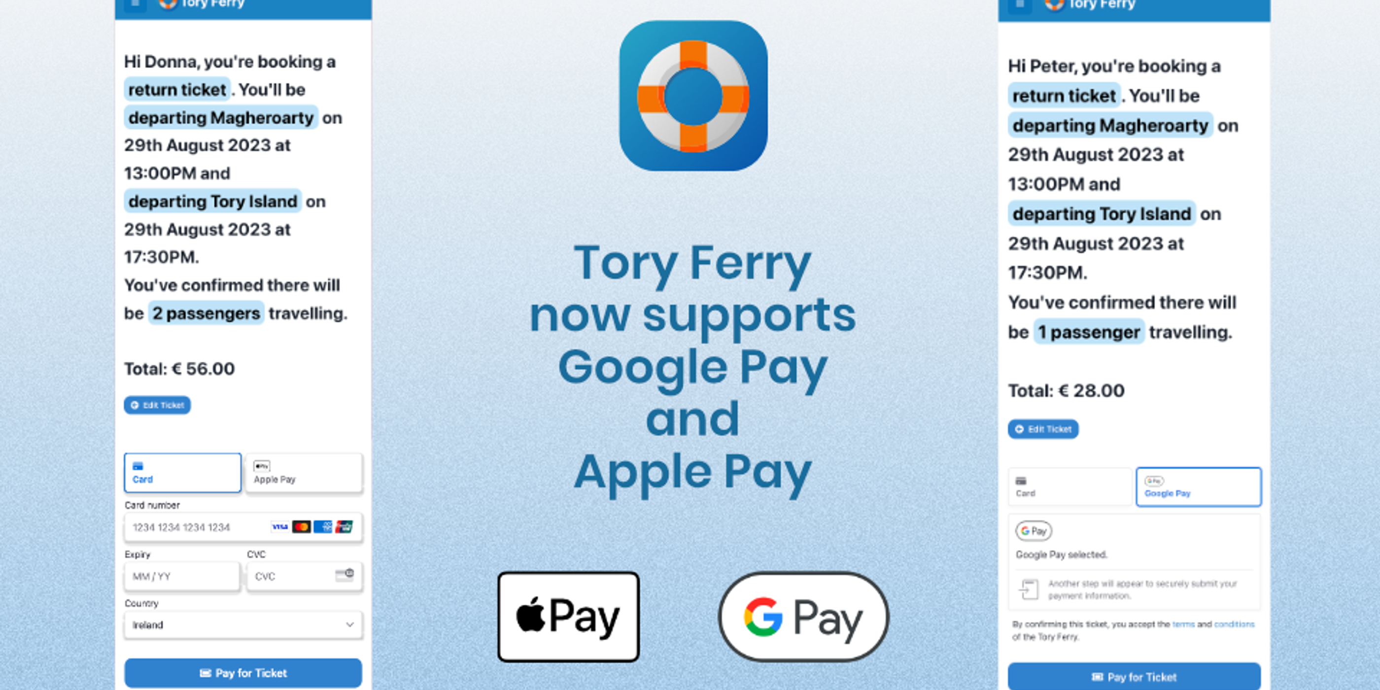 Tory Ferry supports Apple Pay and Google Pay